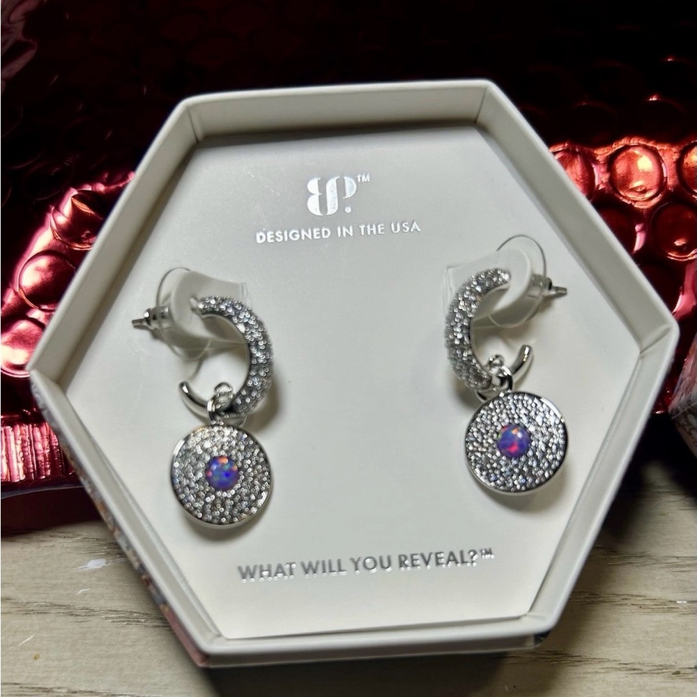 Bomb Party Silver Crystal Hoop Drop Earrings with Opal Accent October birthstone